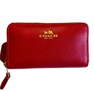 COACH Zip around Coin and Card Leather Case - Apple Red